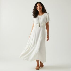 Vintage 1990s Ivory Short Sleeve Crochet Lace Long Coquette Midi Dress Size 12